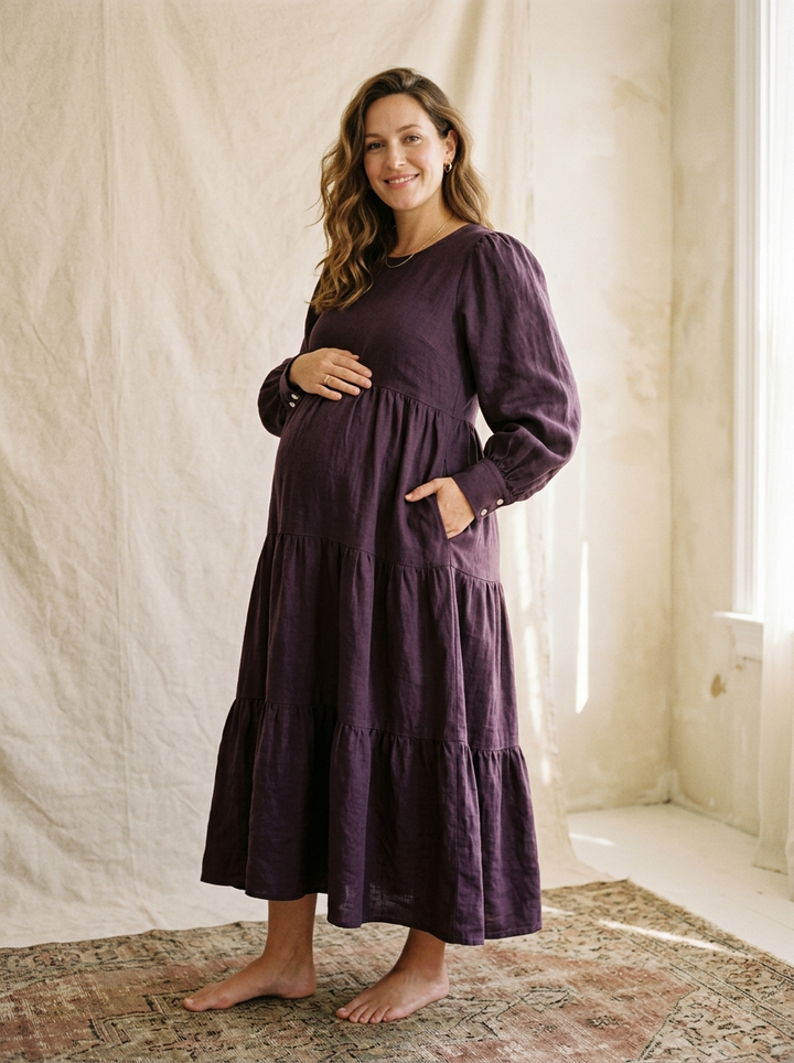 Tiered Empire-Seam Linen Maxi Dress in Eggplant - on model
