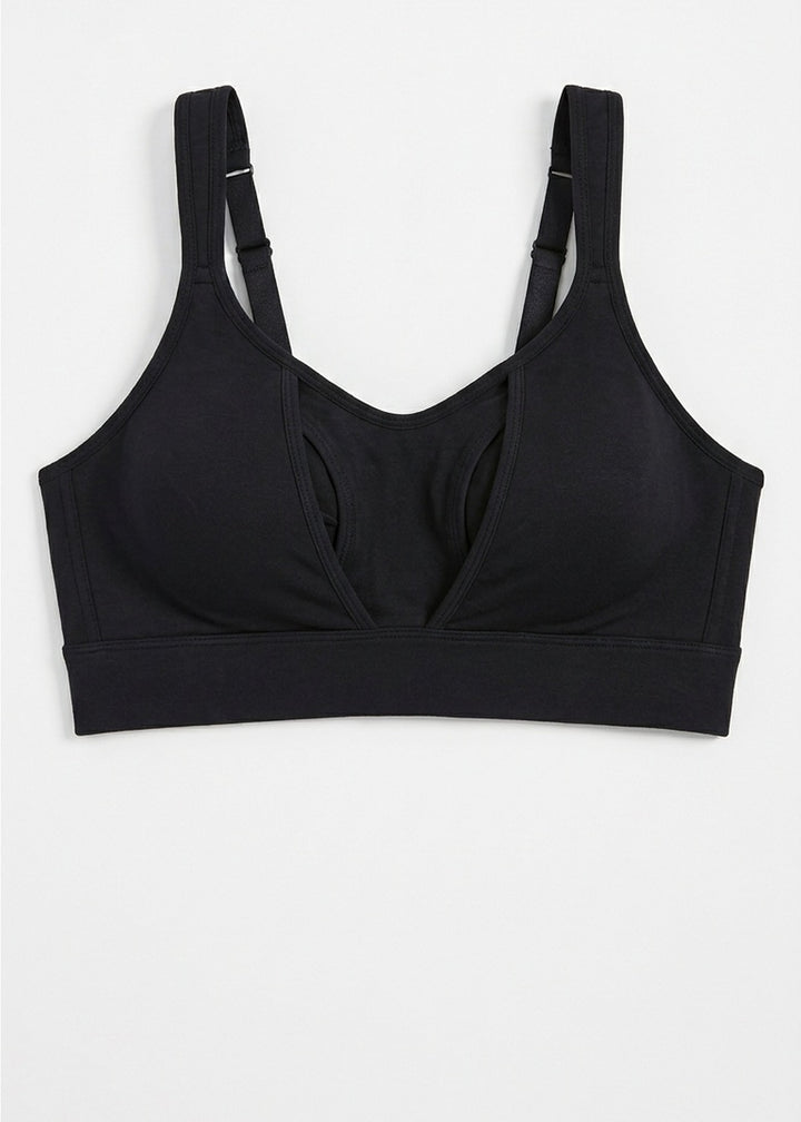 Hands-Free Pumping & Nursing Bra in Black — flat lay, front