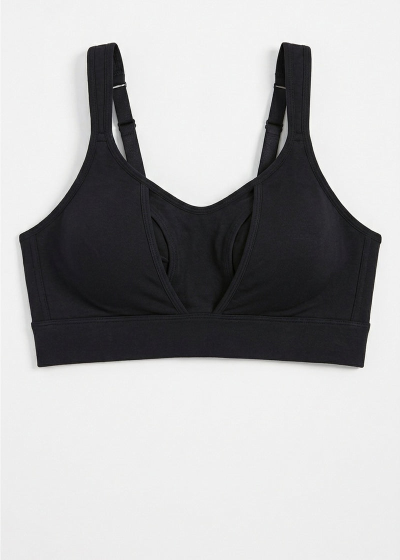 Hands-Free Pumping & Nursing Bra in Black — flat lay, front