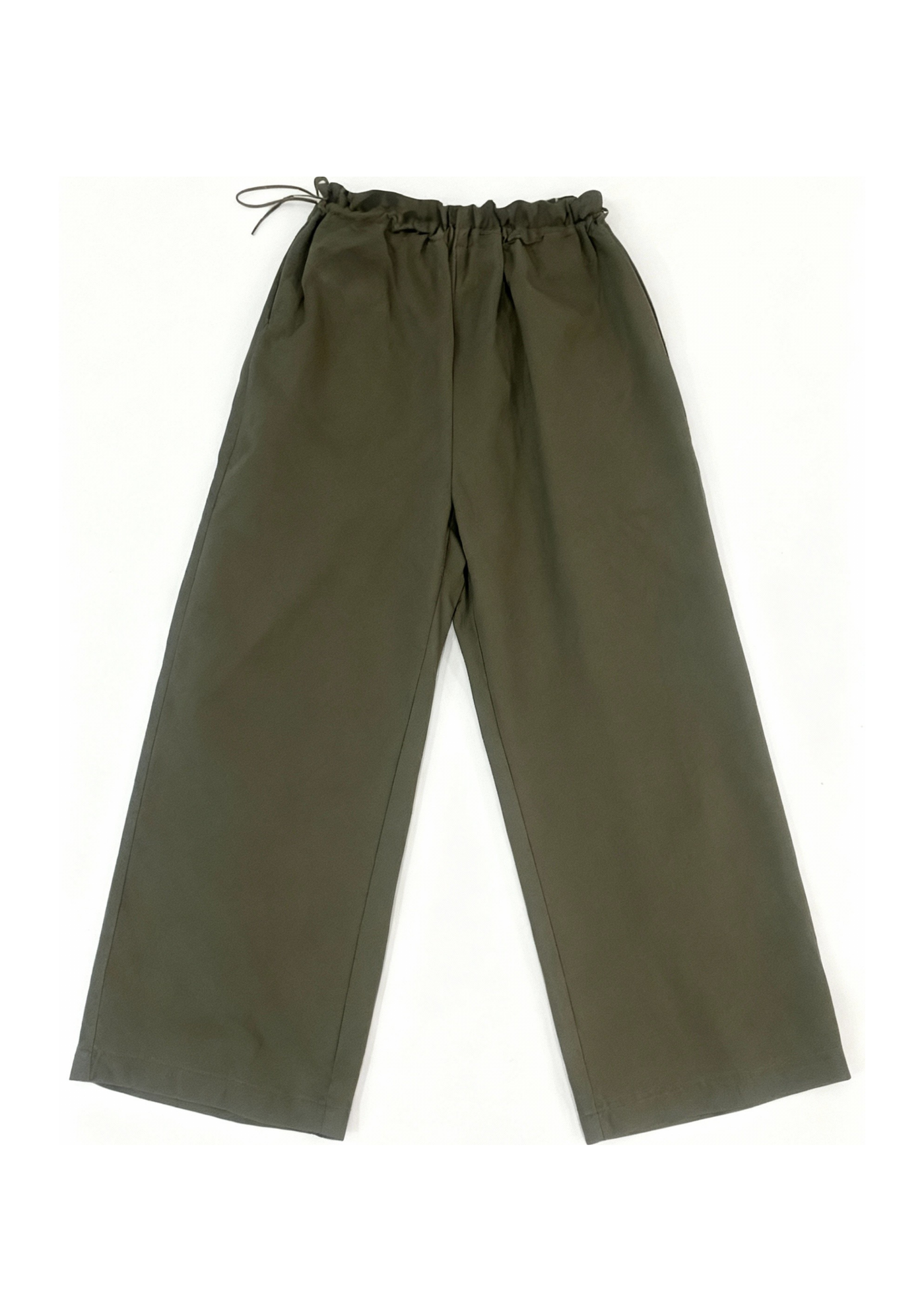Olive green cotton/linen maternity pant with side drawstring, relaxed fit, and wide leg.