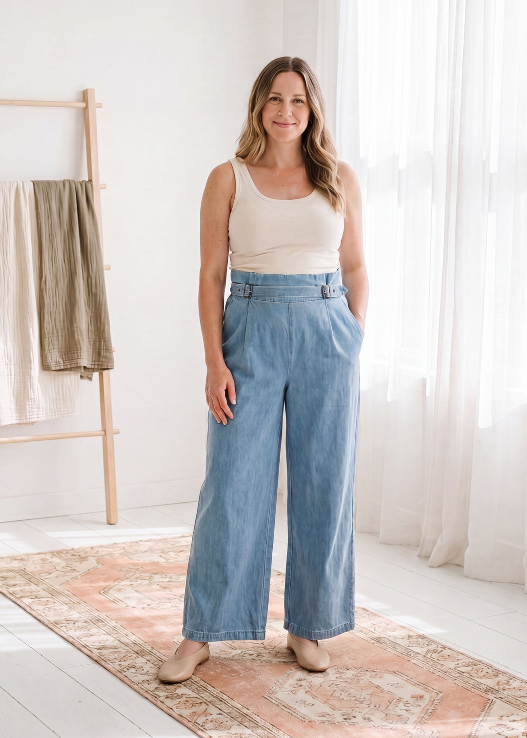 Adjustable Wide Leg Chambray Pant
