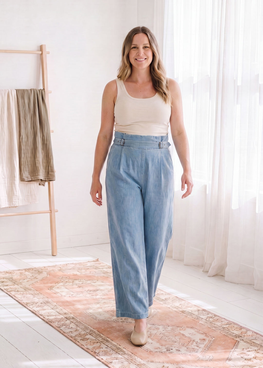 Adjustable Wide Leg Chambray Pant