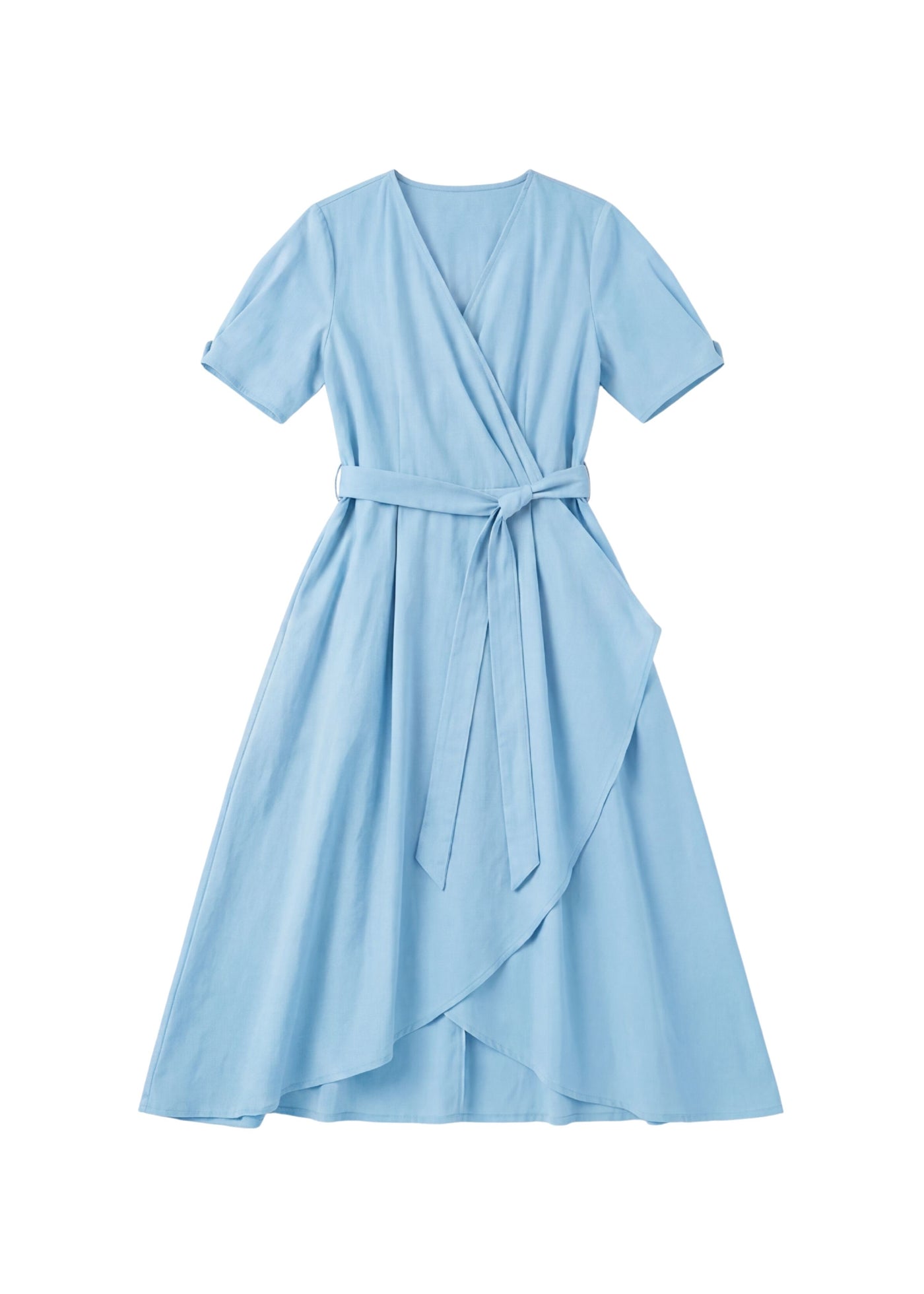 Light blue adjustable wrap front dress with short sleeves and a tie waist.