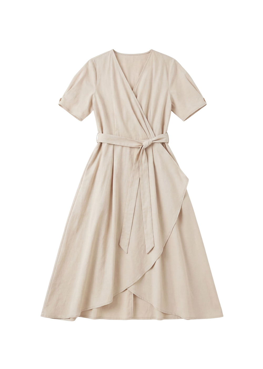 Beige adjustable wrap front dress with short sleeves and a tie waist.