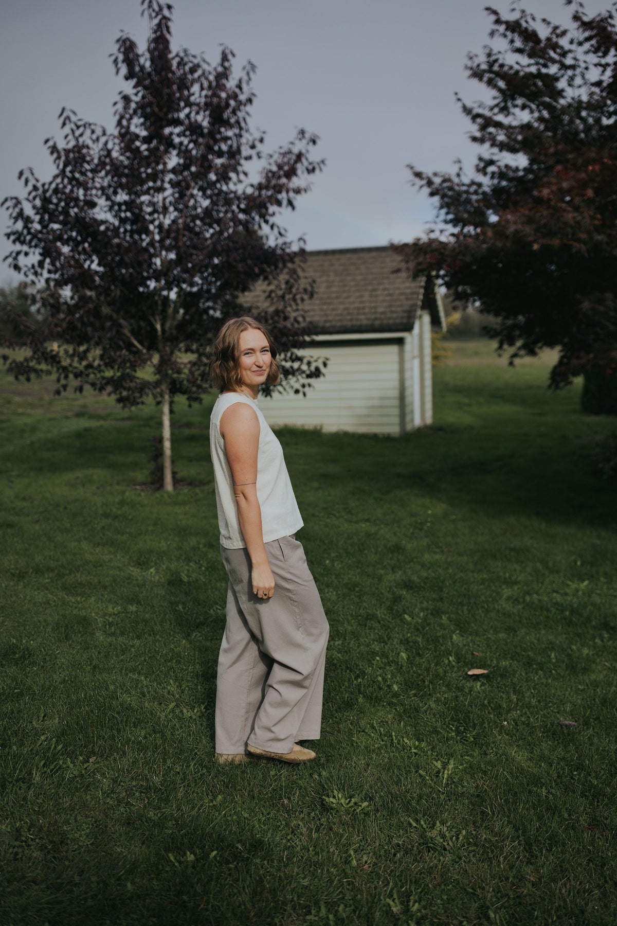 Side view of the Gray Adjustable Wide Leg Dress Pant