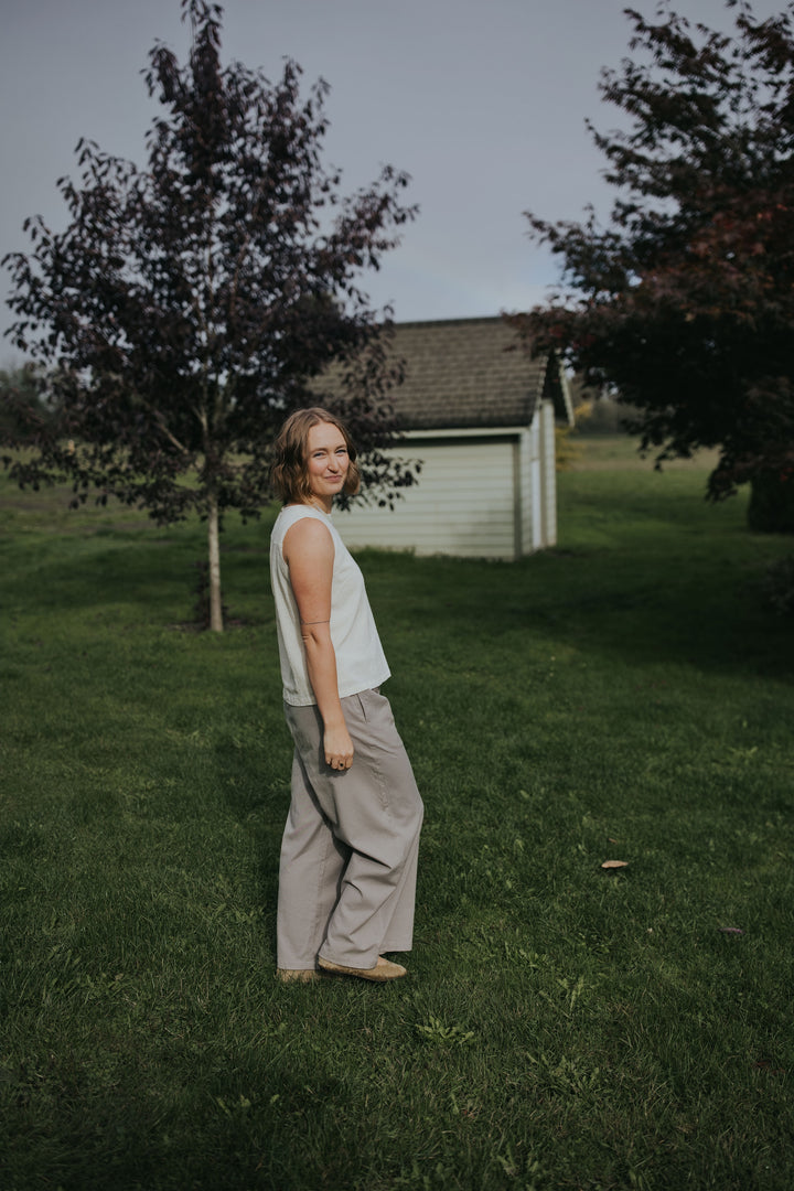 Side view of the Gray Adjustable Wide Leg Dress Pant