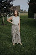 Woman in the Gray Adjustable Wide Leg Dress Pant, front view, full length