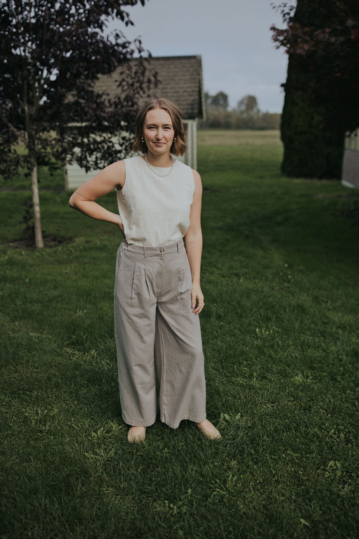 Woman in the Gray Adjustable Wide Leg Dress Pant, front view, full length