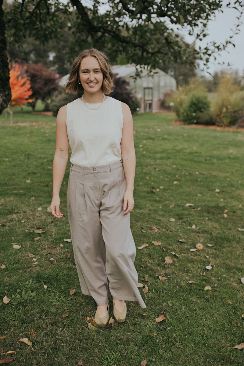 Woman walking in the Gray Adjustable Wide Leg Dress Pant