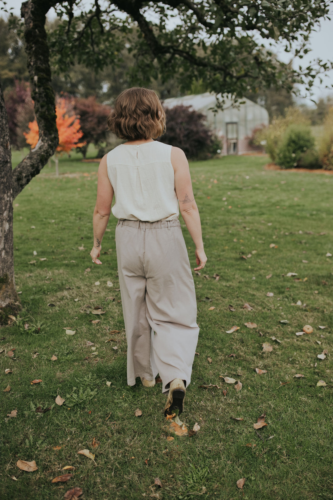 Back view of the Gray Adjustable Wide Leg Dress Pant showing the adjustable waistband