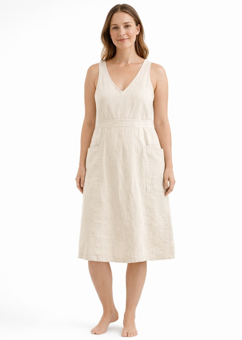 Cross-Back V-Neck Linen Pinafore Dress in Linen in Natural — on model