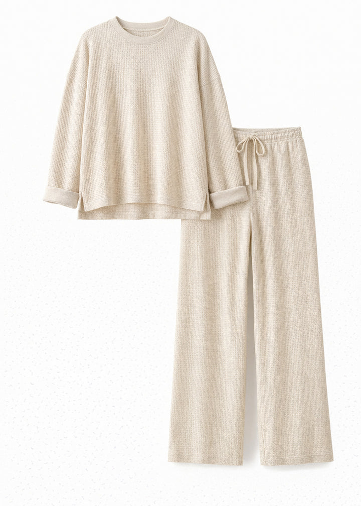 Waffle-Texture Drawstring Linen Lounge Set in Linen in Oatmeal — flat lay