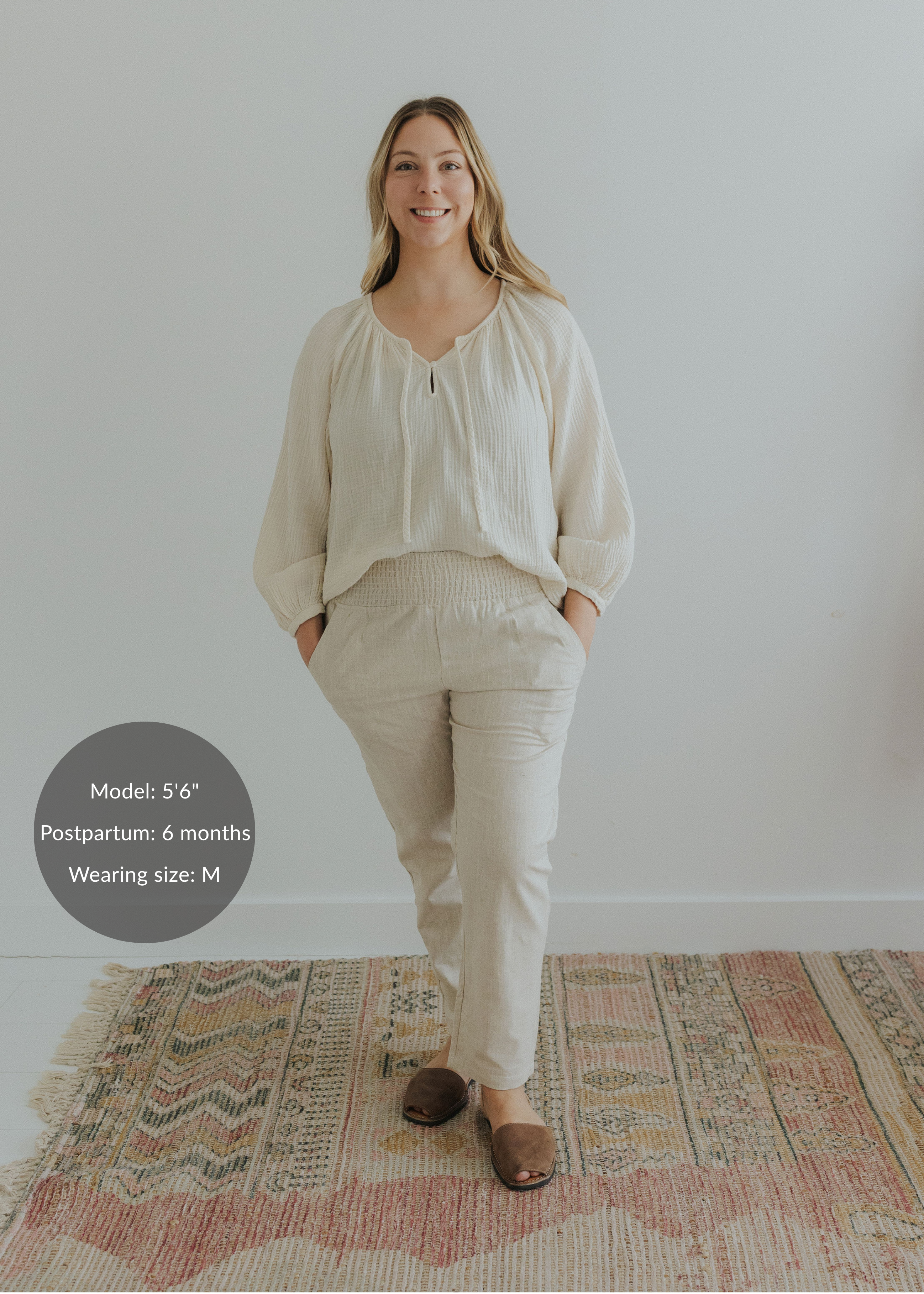 Natural linen pants styled with matching top