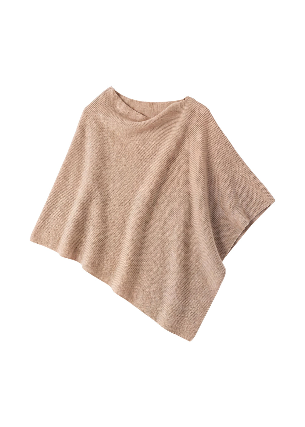 Beige asymmetrical knit nursing poncho in cashmere/wool with a flowing silhouette.