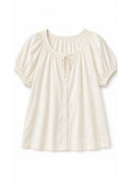 Puff Sleeve Tie-Neck Button-Front Blouse in Cotton in Natural — flat lay