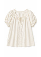 Puff Sleeve Tie-Neck Button-Front Blouse in Cotton in Natural — flat lay