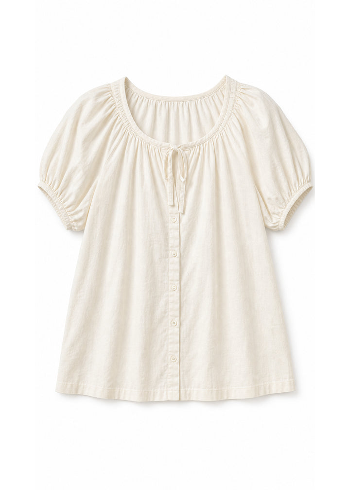 Puff Sleeve Tie-Neck Button-Front Blouse in Cotton in Natural — flat lay