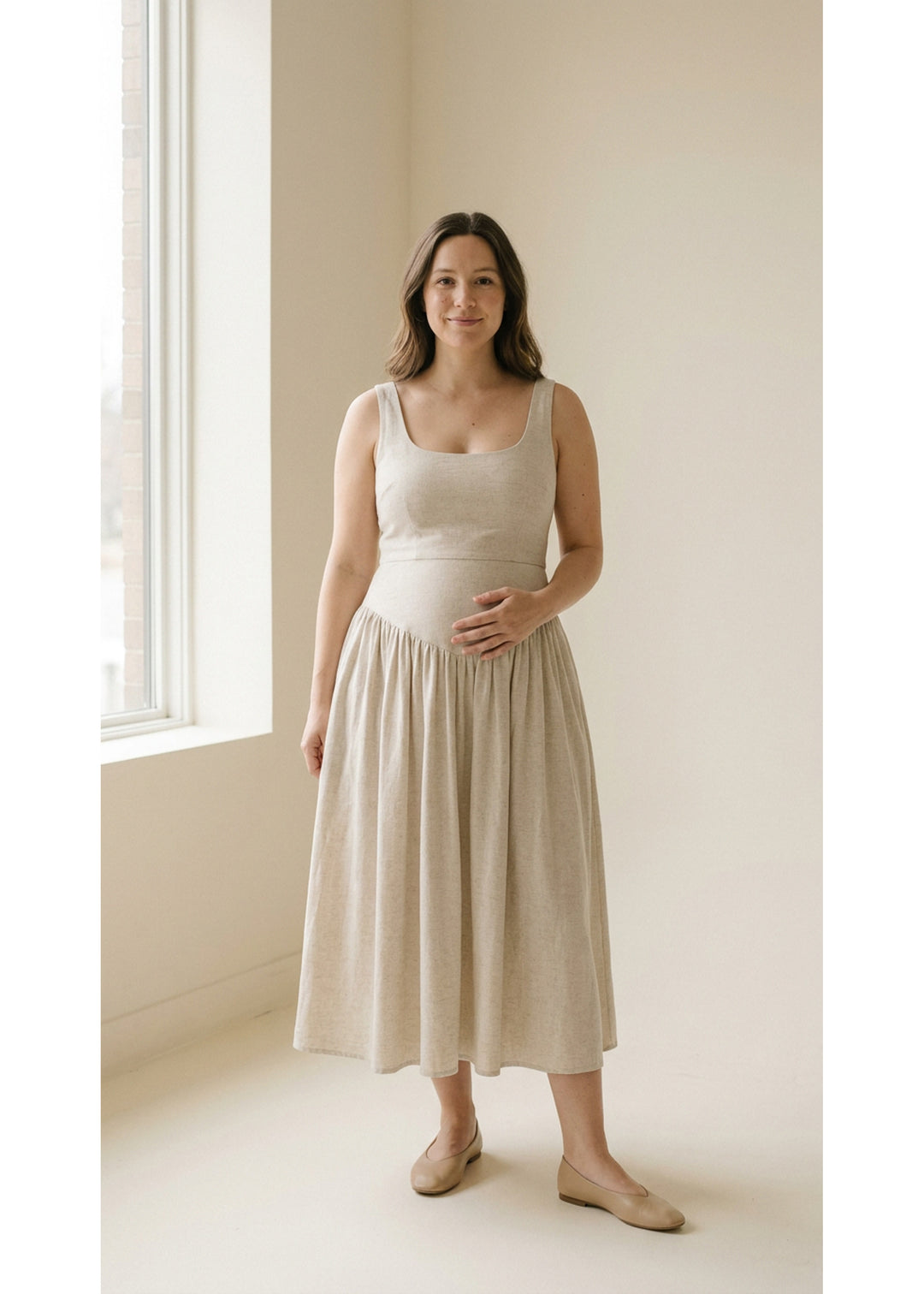 Pull-Down Nursing Midi Dress in Natural — on model
