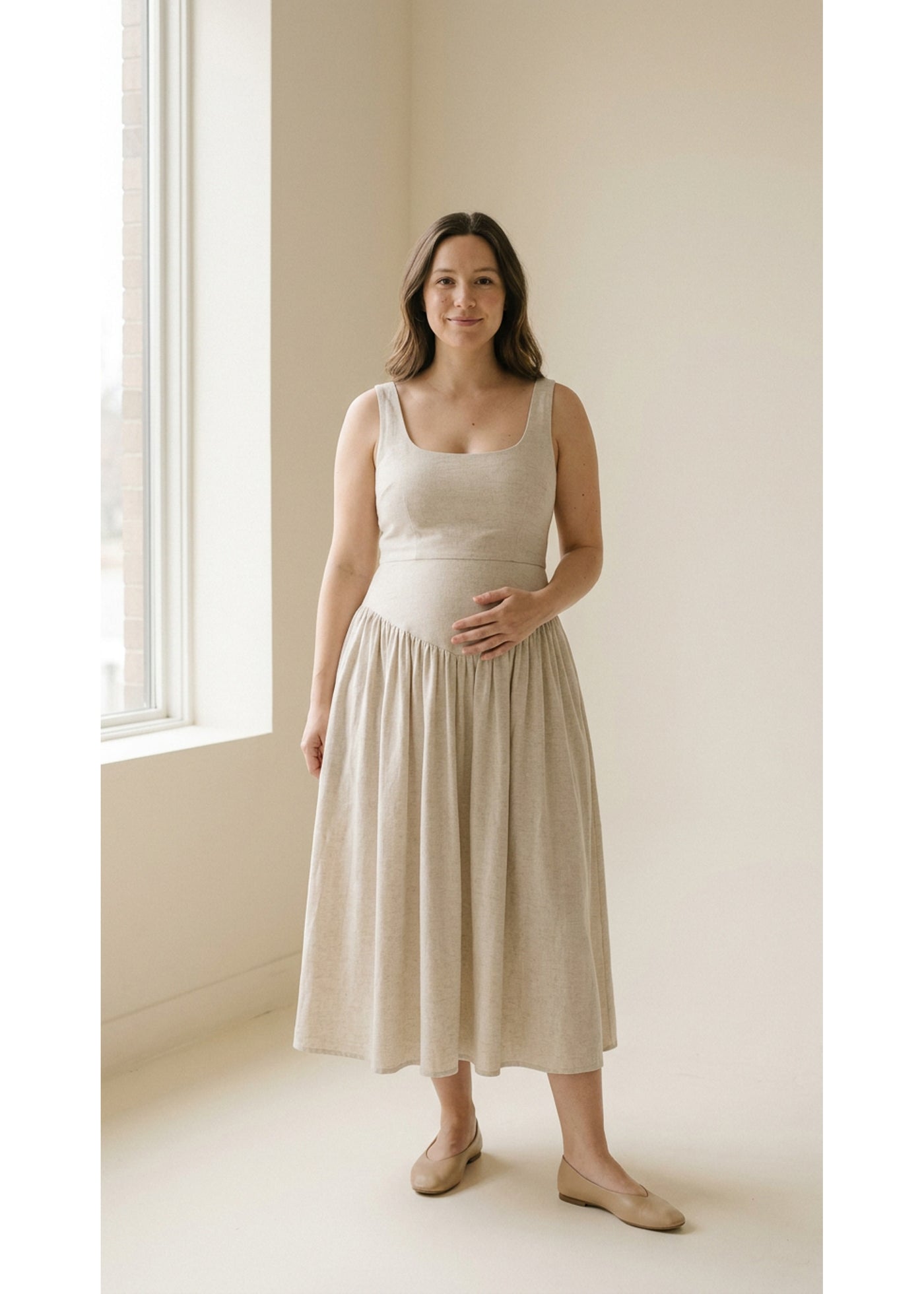 Pull-Down Nursing Midi Dress in Natural — on model