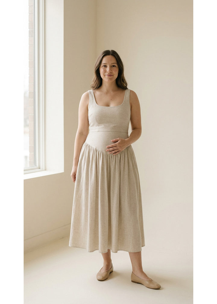 Pull-Down Nursing Midi Dress in Natural — on model