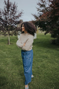 Side view of the Indigo Balloon Jean Pant showing the balloon leg shape
