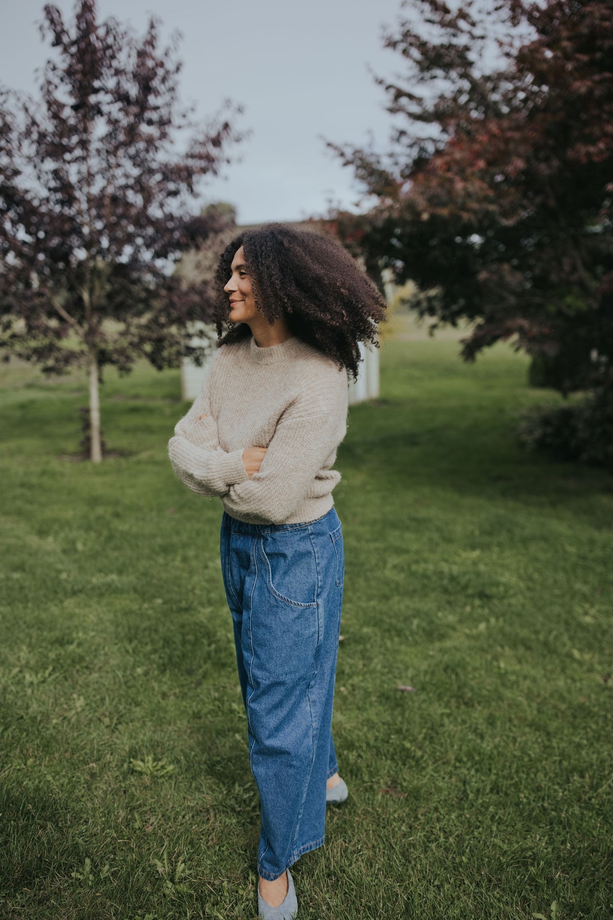 Side view of the Indigo Balloon Jean Pant showing the balloon leg shape