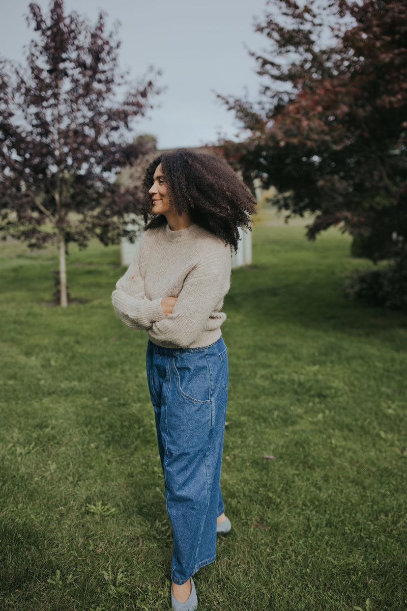 Side view of the Indigo Balloon Jean Pant showing the balloon leg shape