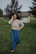Closer front view of the Indigo Balloon Jean Pant with a relaxed waistband
