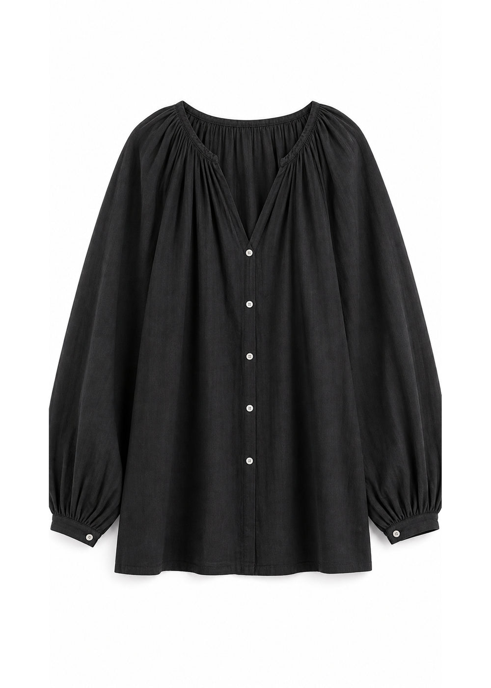 Balloon Sleeve Button-Front Blouse in Cotton in Black — flat lay