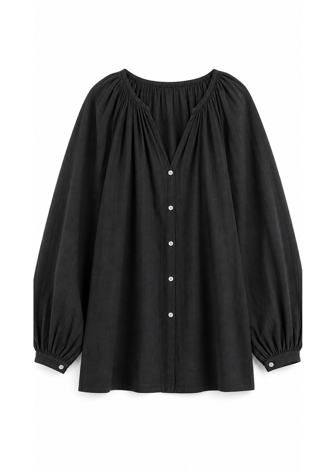 Balloon Sleeve Button-Front Blouse in Cotton in Black — flat lay