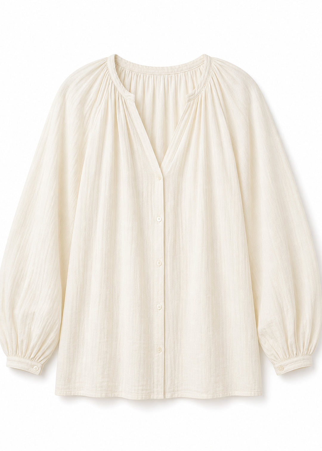 Balloon Sleeve Button-Front Blouse in Cotton in Natural — flat lay