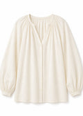 Balloon Sleeve Button-Front Blouse in Cotton in Natural — flat lay
