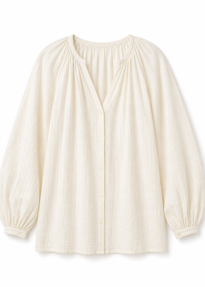 Balloon Sleeve Button-Front Blouse in Cotton in Natural — flat lay