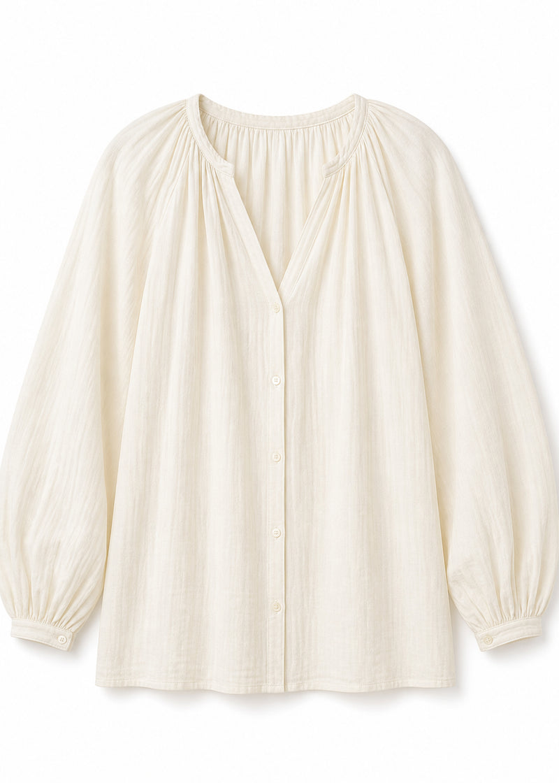 Balloon Sleeve Button-Front Blouse in Cotton in Natural — flat lay