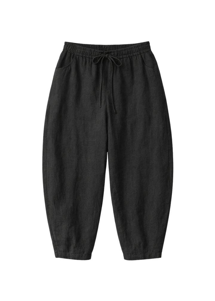 Barrel-Leg Under-Bump Drawstring Pants in Linen