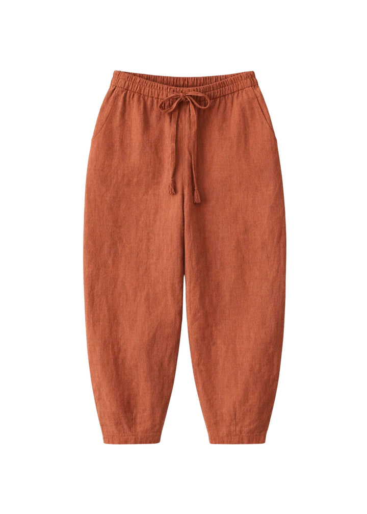 Barrel-Leg Under-Bump Drawstring Pants in Linen