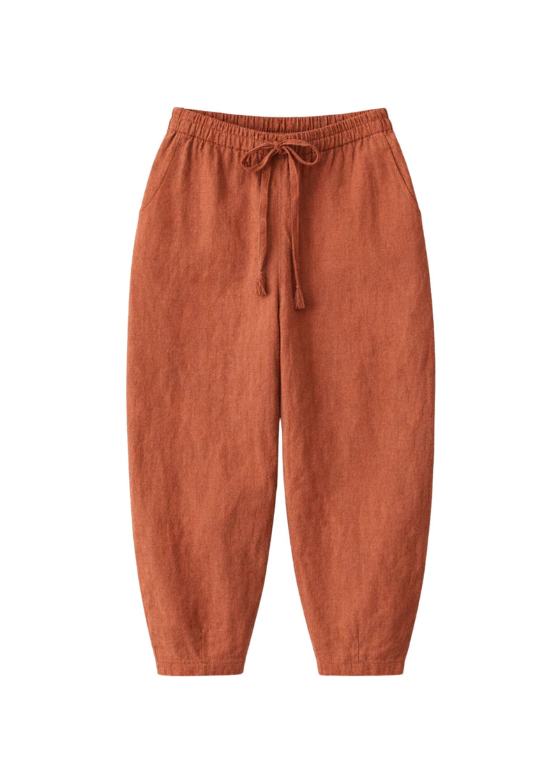 Barrel-Leg Under-Bump Drawstring Pants in Linen