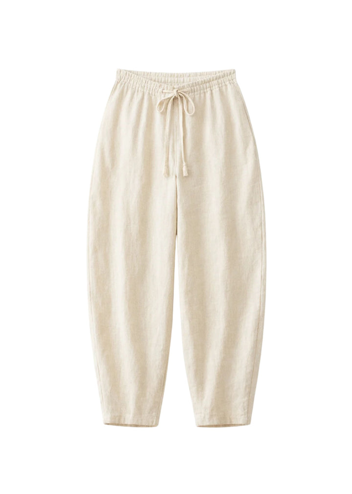 Barrel-Leg Under-Bump Drawstring Pants in Linen