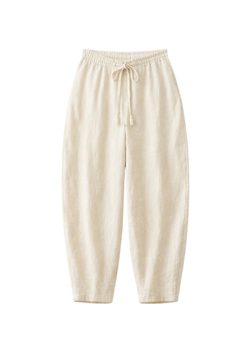 Barrel-Leg Under-Bump Drawstring Pants in Linen