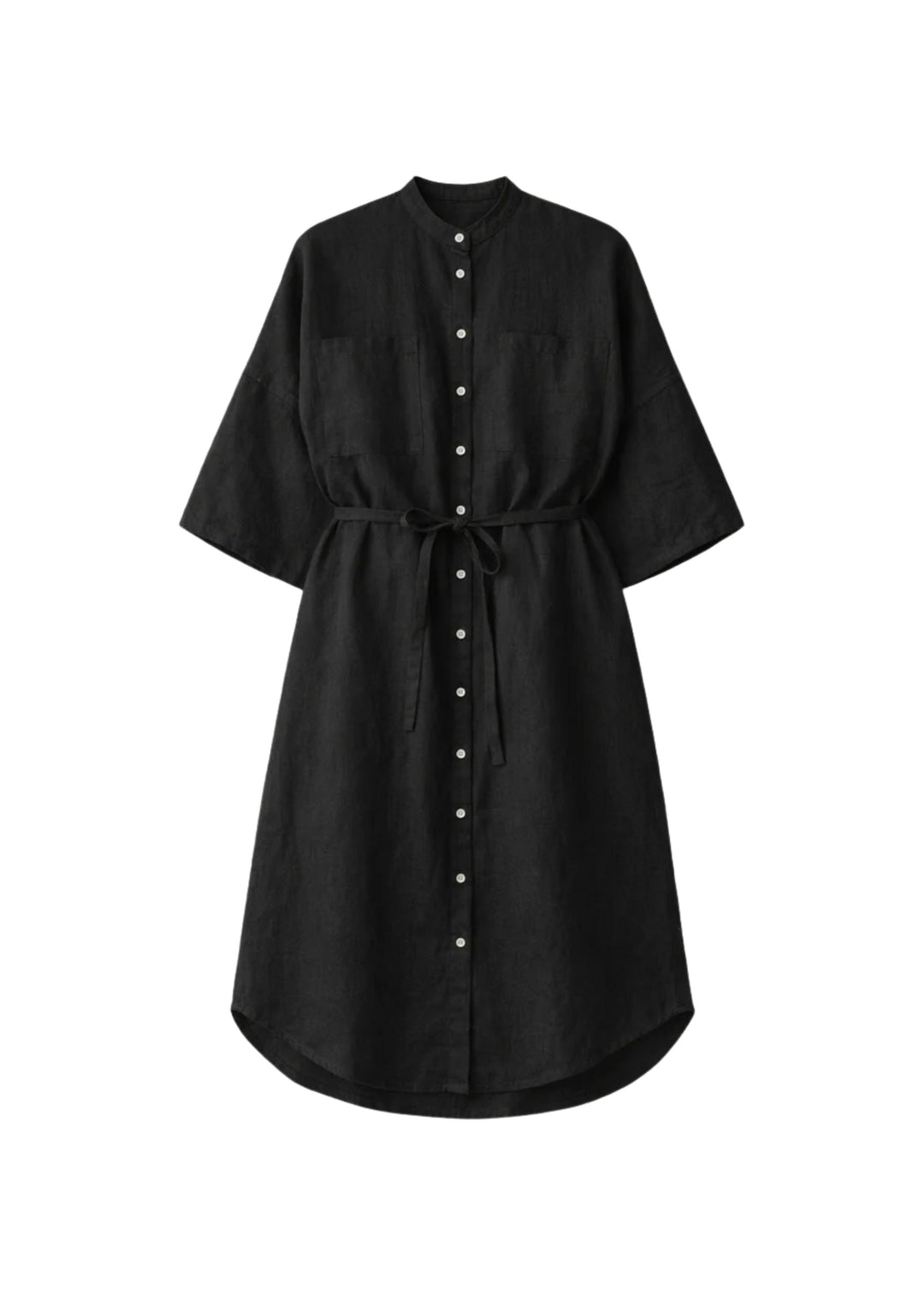 Belted Band-Collar Linen Midi Shirt Dress in Linen