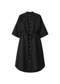 Belted Band-Collar Linen Midi Shirt Dress in Linen