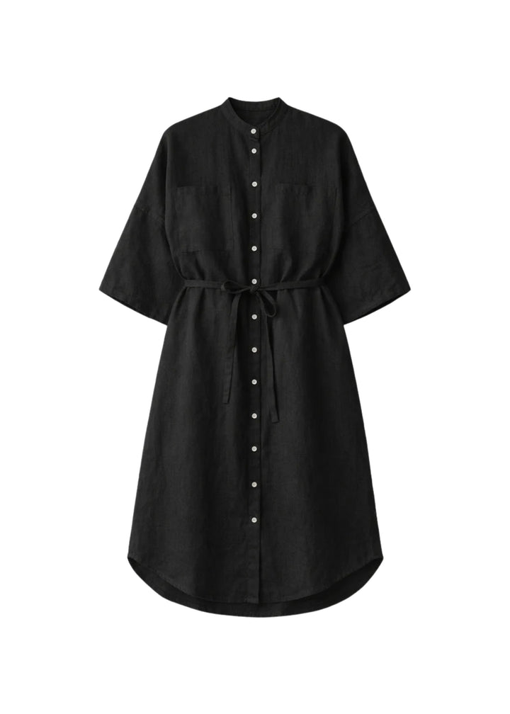Belted Band-Collar Linen Midi Shirt Dress in Linen