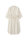 Belted Band-Collar Linen Midi Shirt Dress in Linen