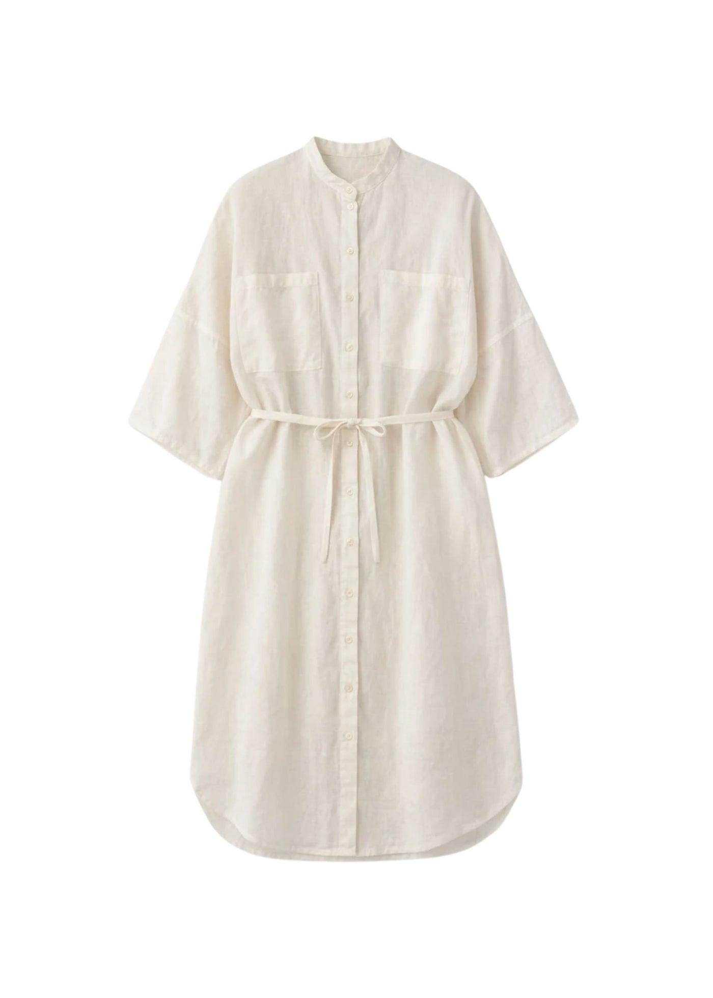 Belted Band-Collar Linen Midi Shirt Dress in Linen