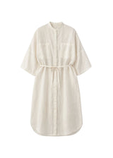 Belted Band-Collar Linen Midi Shirt Dress in Linen