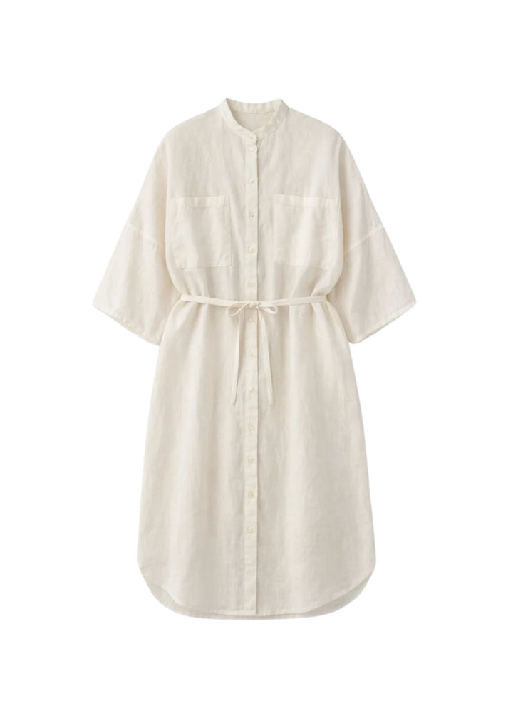 Belted Band-Collar Linen Midi Shirt Dress in Linen