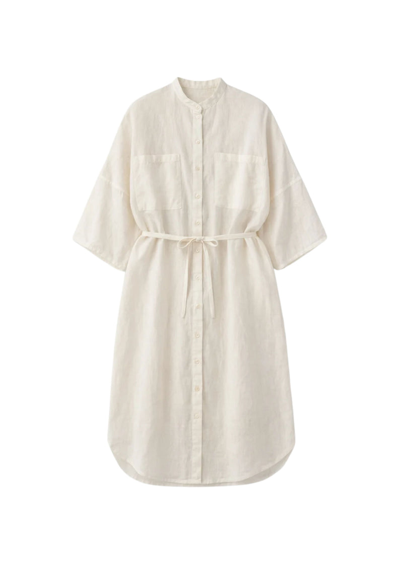 Belted Band-Collar Linen Midi Shirt Dress in Linen