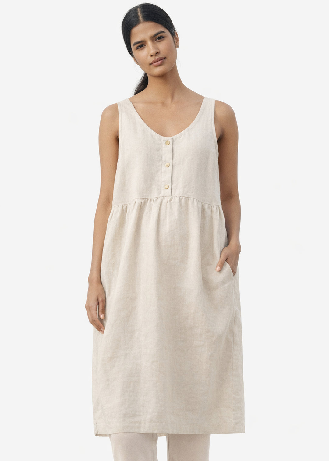 Sleeveless Brass-Snap Gathered Linen Midi Dress in Linen in Natural — on model