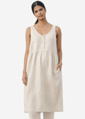 Sleeveless Brass-Snap Gathered Linen Midi Dress in Linen in Natural — on model