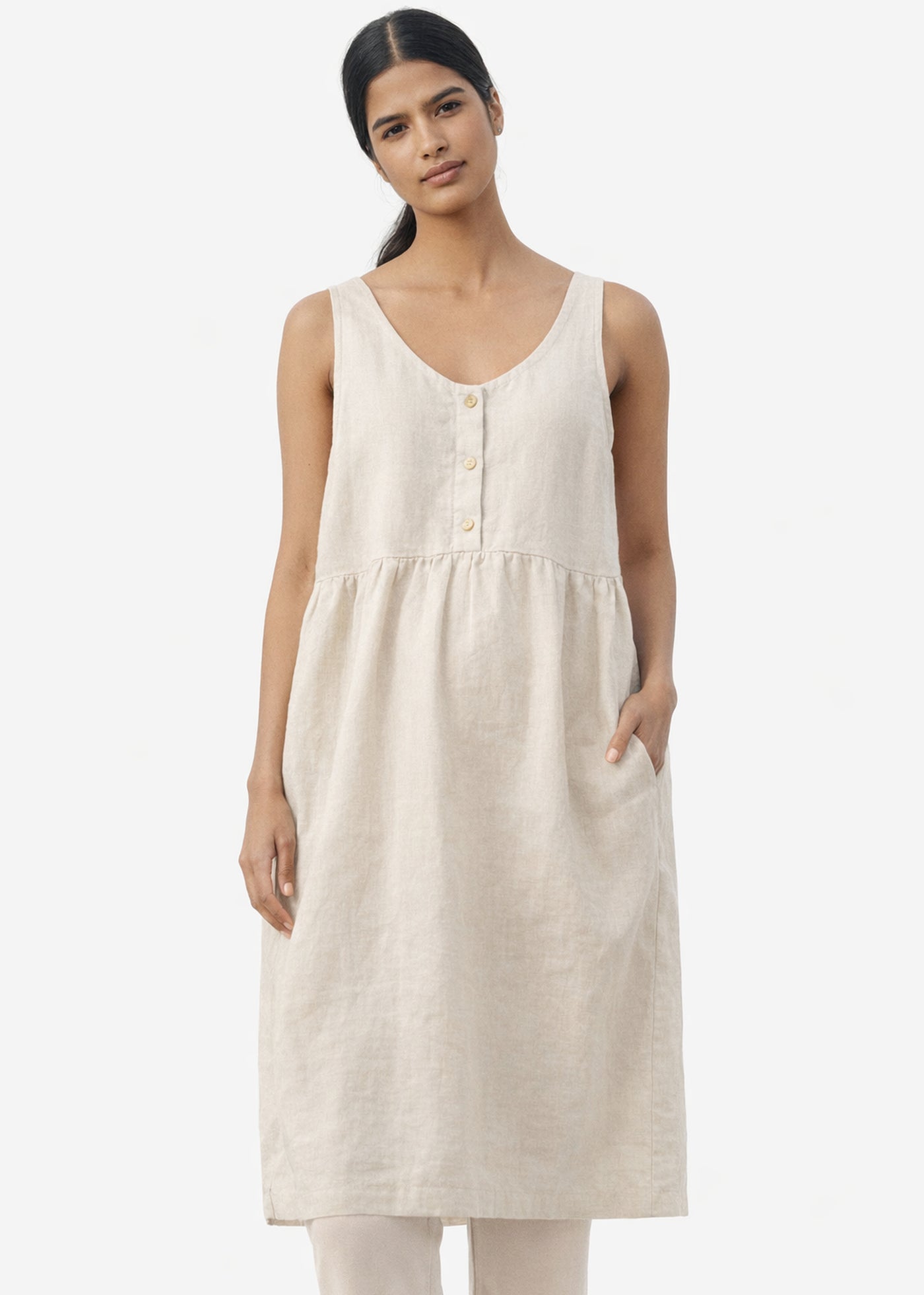 Sleeveless Brass-Snap Gathered Linen Midi Dress in Linen in Natural — on model